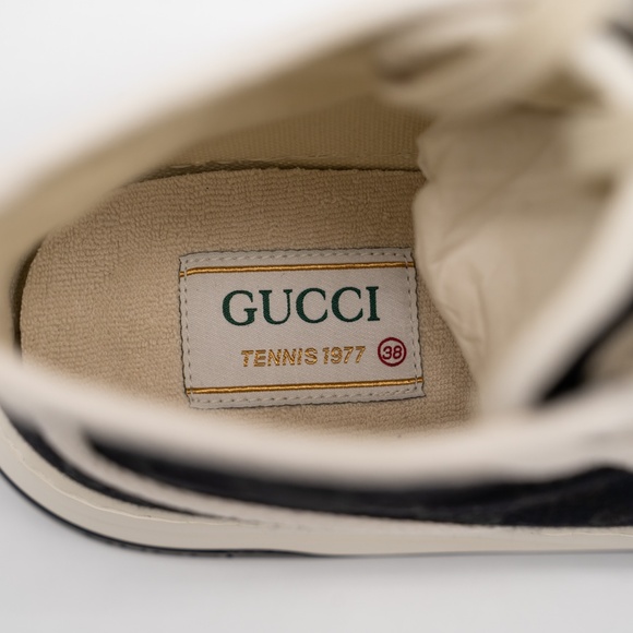 38G 8 US Gucci High Tennis 1977 Black High Top White Canvas Sneakers - Picture 9 of 11